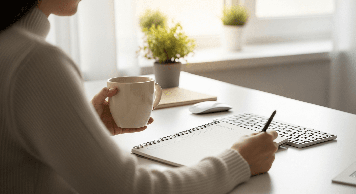 Routine matinale télétravail avec café et carnet de notes