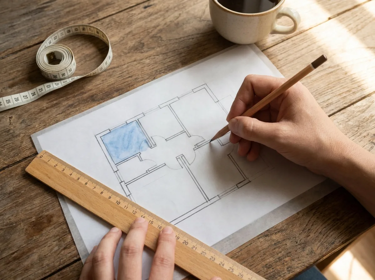 Plan d'une maison dessiné au crayon avec une pièce bureau coloriée en bleu
