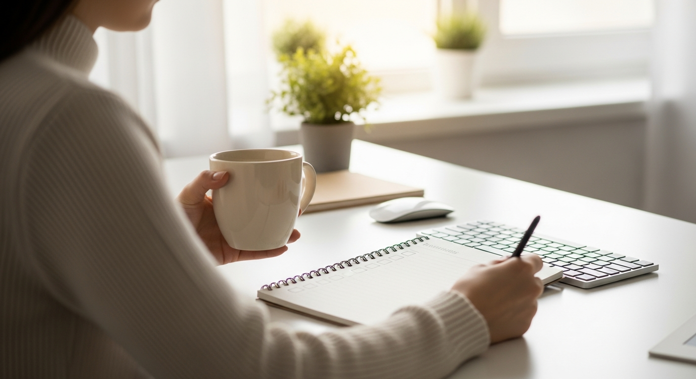 Routine matinale télétravail avec café et carnet de notes